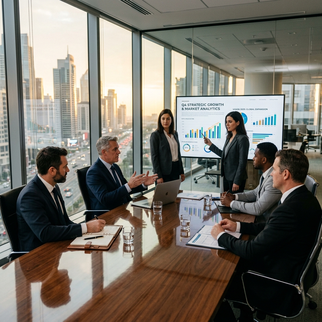 Professional business consulting team meeting in a modern glass office boardroom with men in tailored suits discussing corporate strategy around a polished conference table with charts and analytics on a large screen warm golden hour lighting